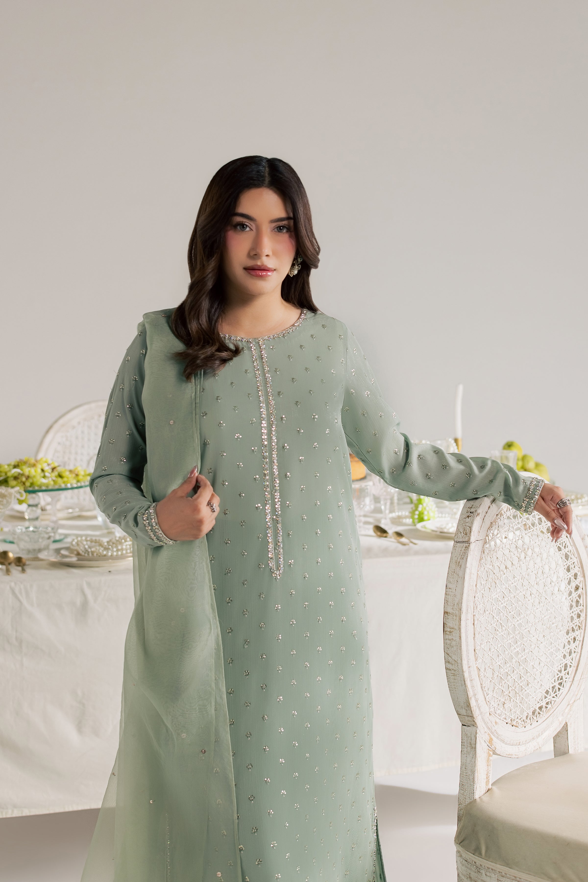 Sage Zaraa 3Pc - Festive Luxe Pret
