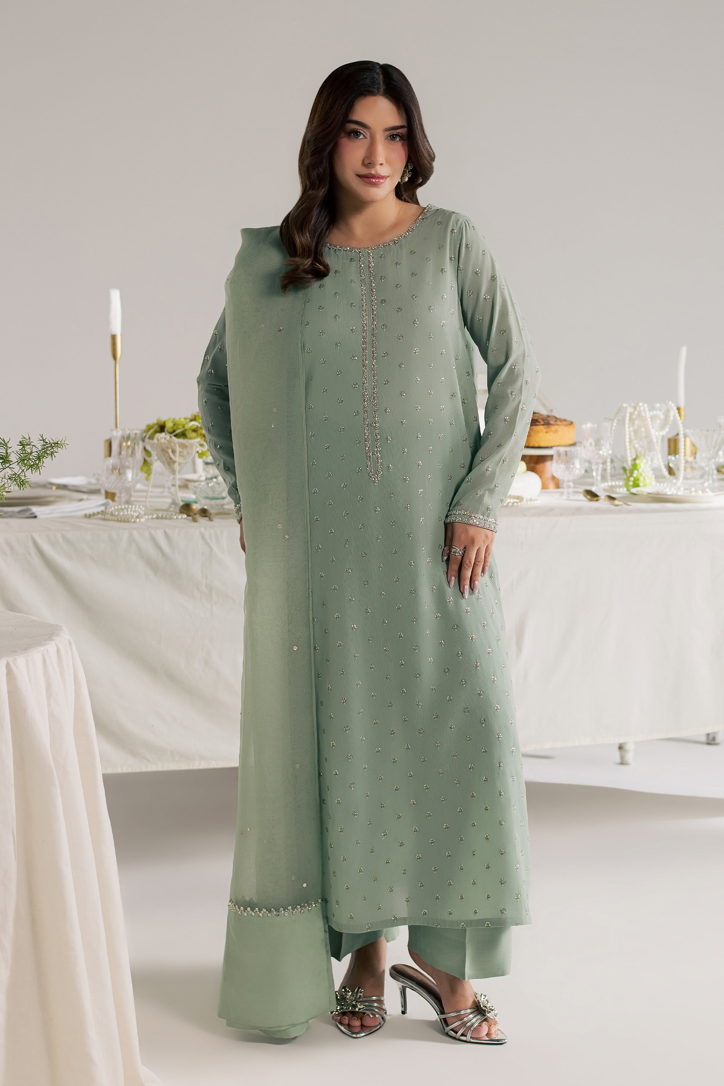 Sage Zaraa 3Pc - Festive Luxe Pret