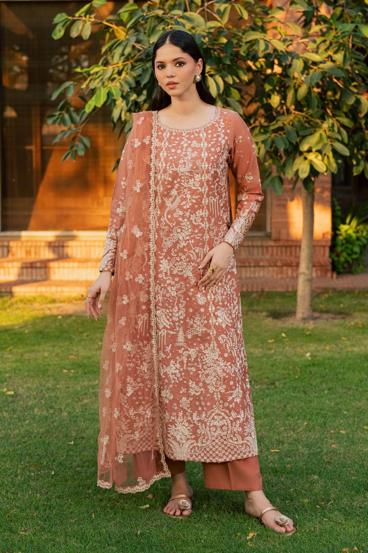 Peach Rhea 3Pc - Embroidered Karandi Pret