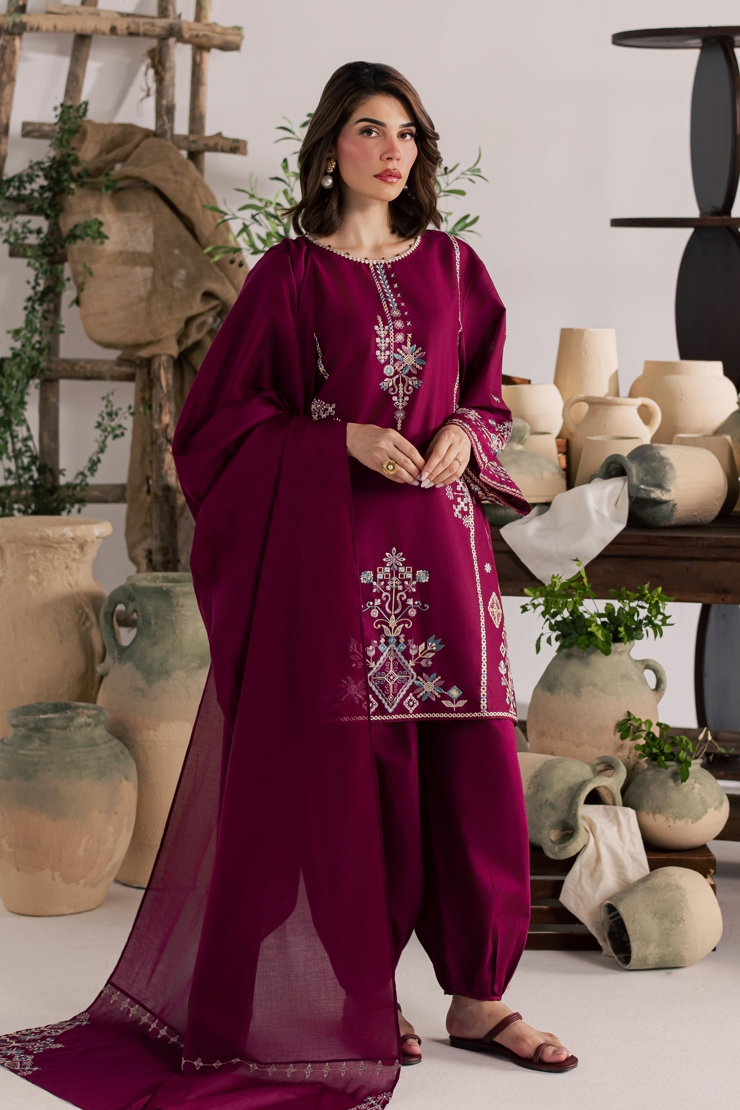 Maroon Mist 3Pc - Embroidered Lawn Dress