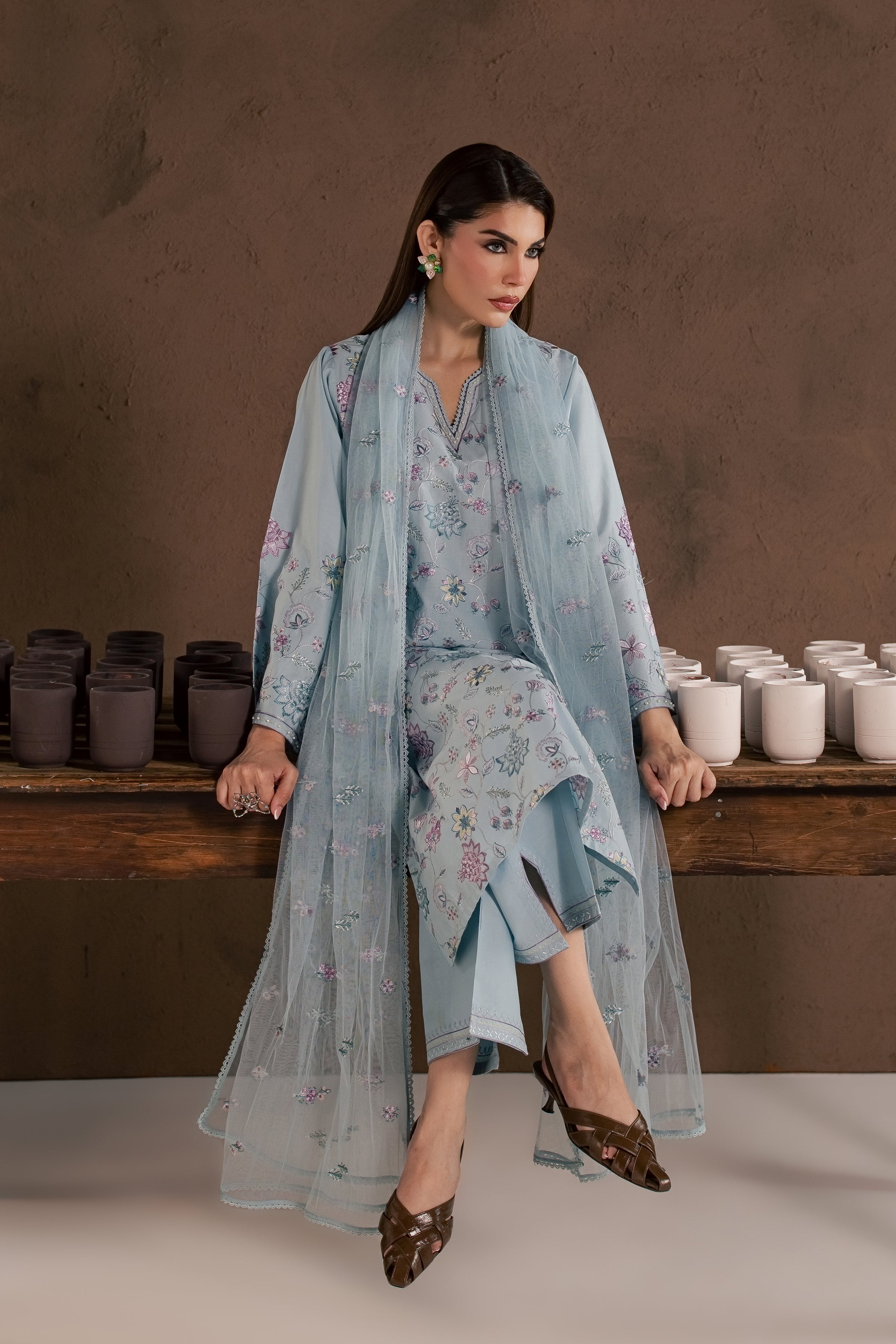 Breezy Blue 3Pc - Embroidered Cambric Pret