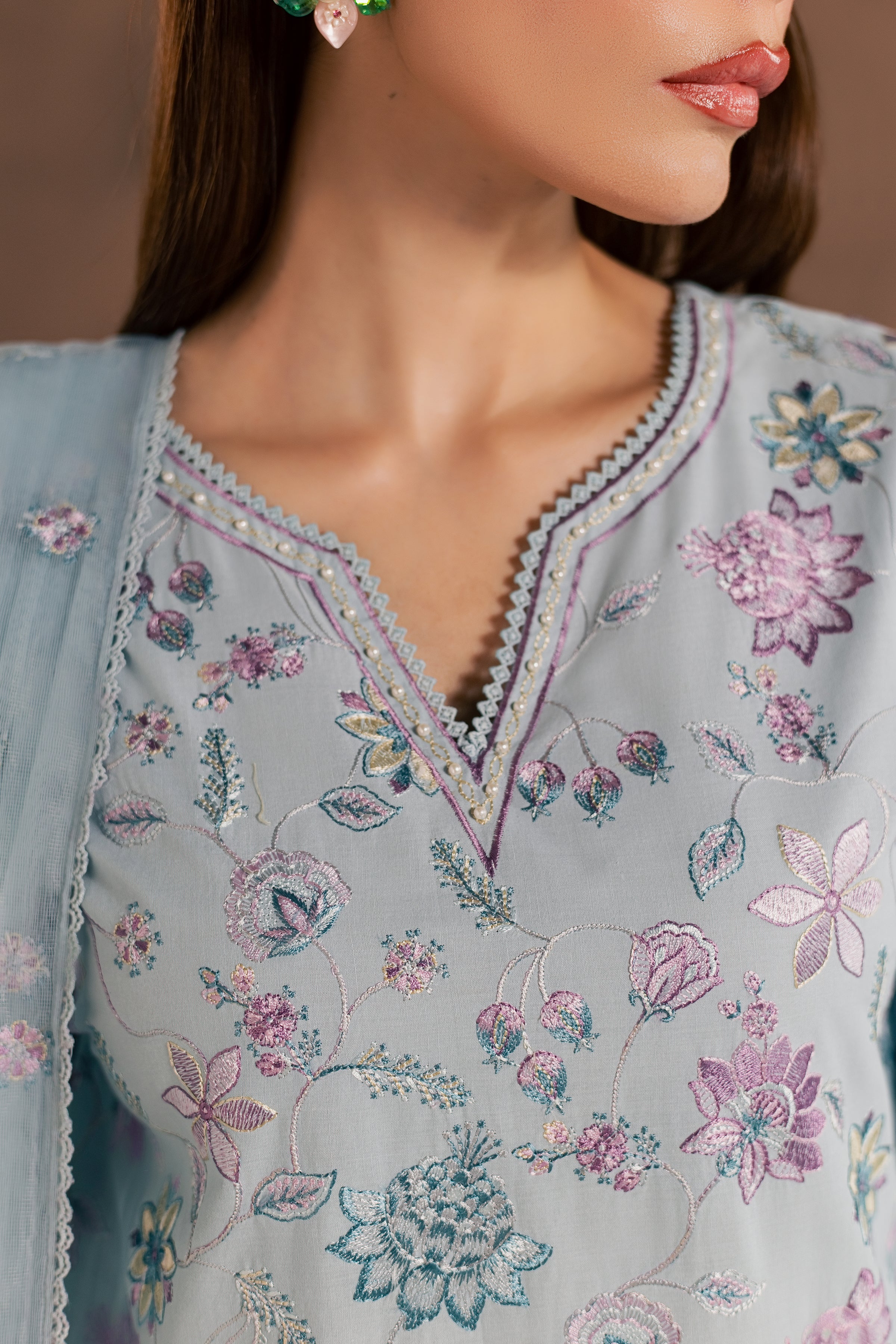 Breezy Blue 3Pc - Embroidered Cambric Pret