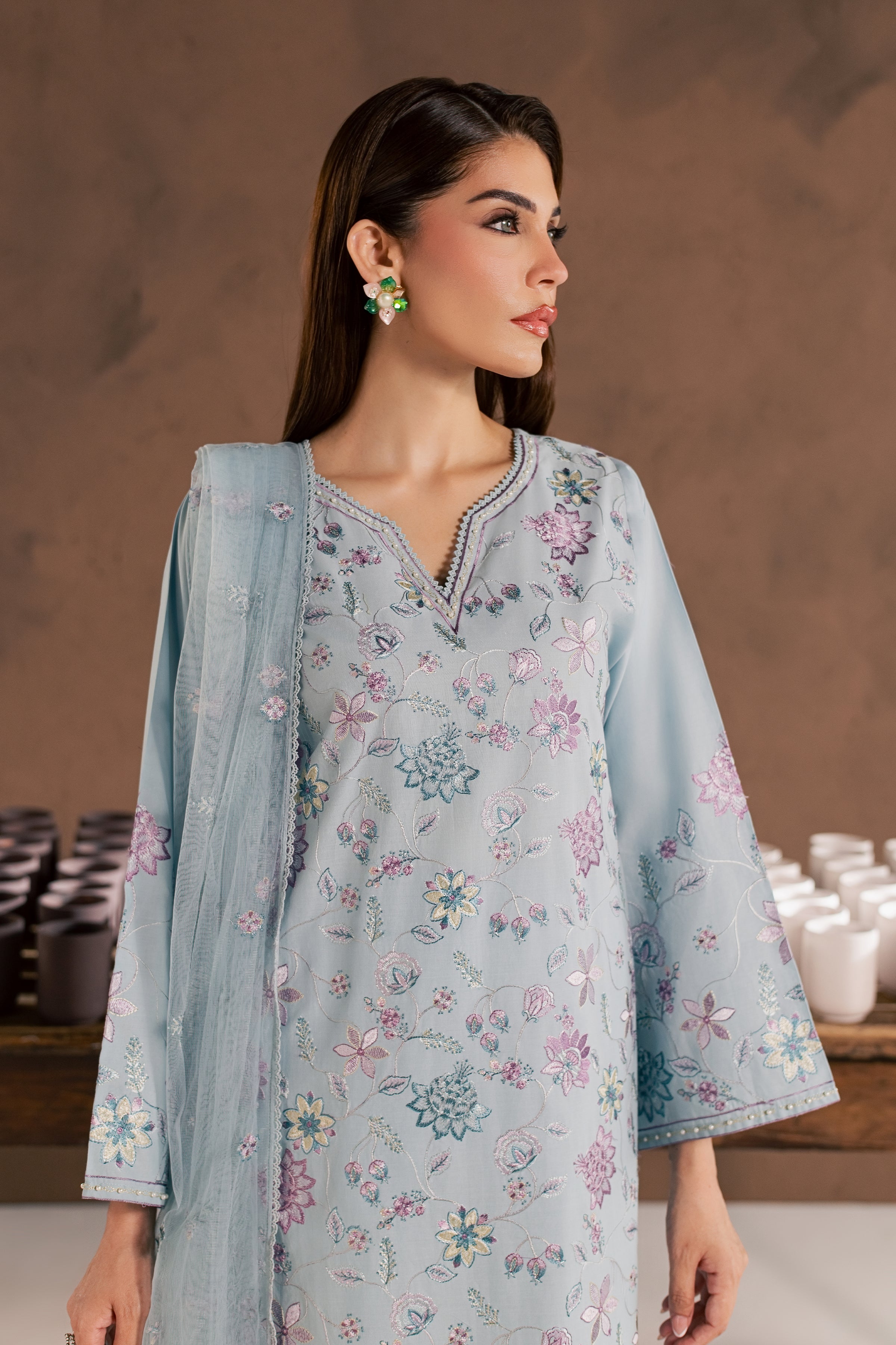 Breezy Blue 3Pc - Embroidered Cambric Pret