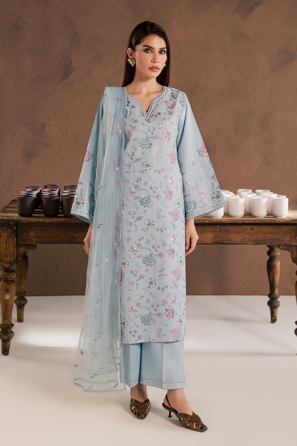 Breezy Blue 3Pc - Embroidered Cambric Pret