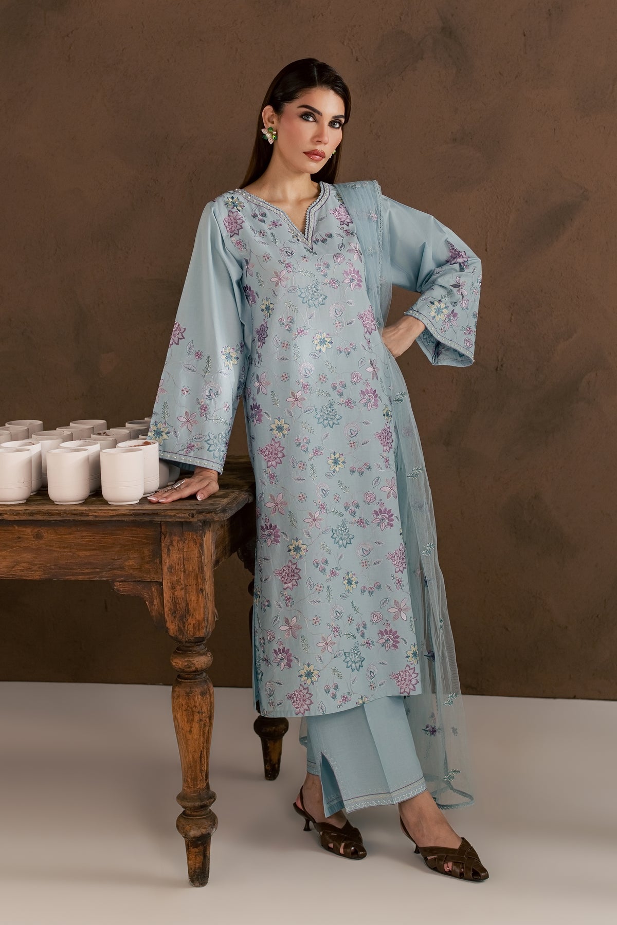 Breezy Blue 3Pc - Embroidered Cambric Pret