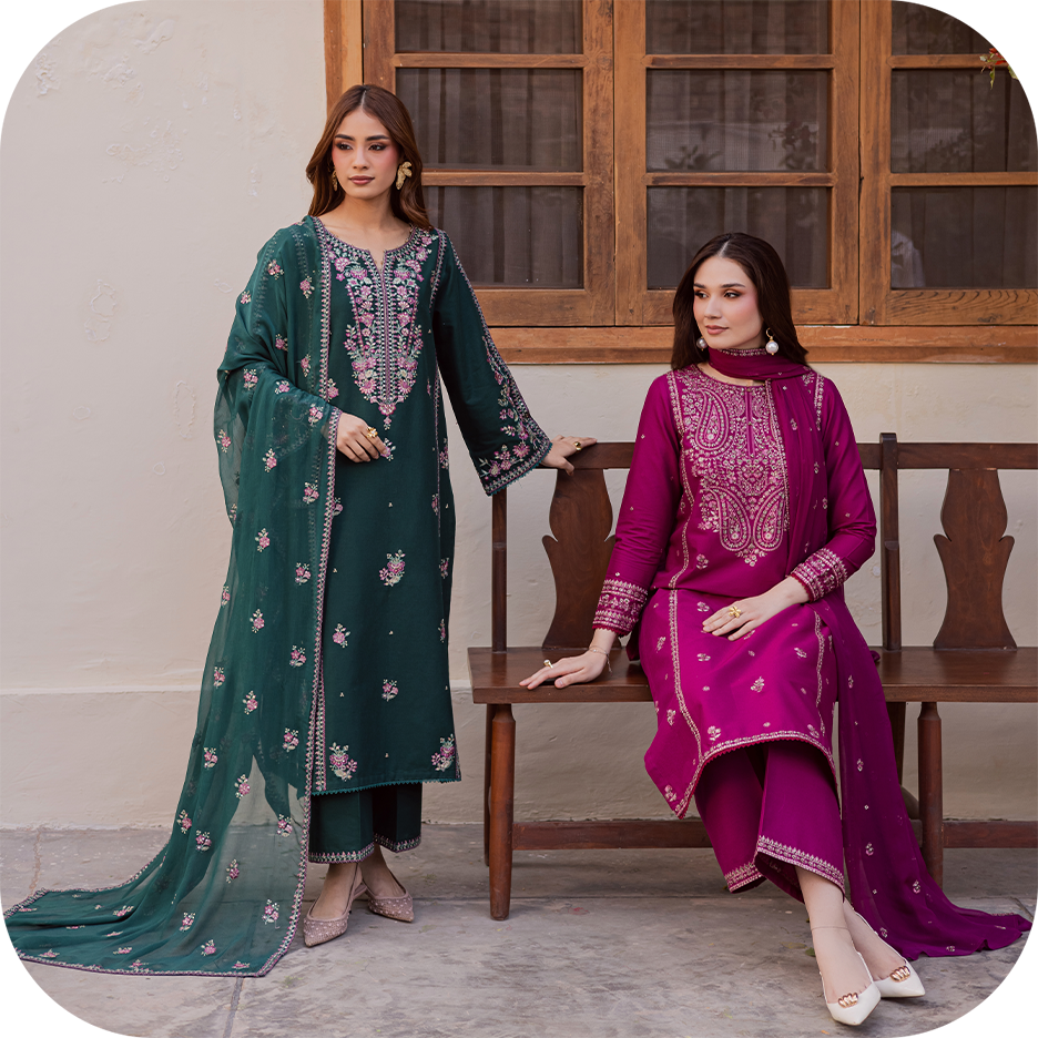  BATIK RAIA embroidered khaddar outfits styled for winter wear, showcasing breathable fabric and everyday comfort.  ALT: Models wearing BATIK RAIA khaddar pret collection designed for daily routines and winter layering.  ALT: Close view of embroidered