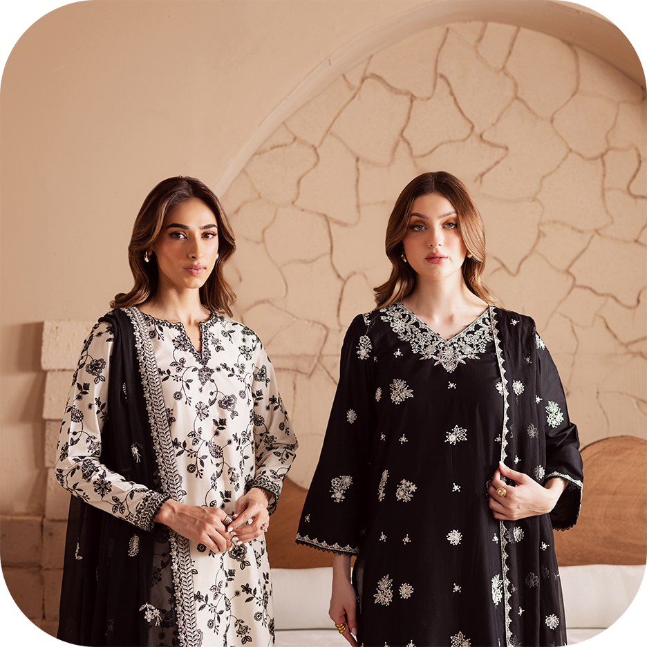 Models wearing a monochrome ready to wear lawn 3pc suits