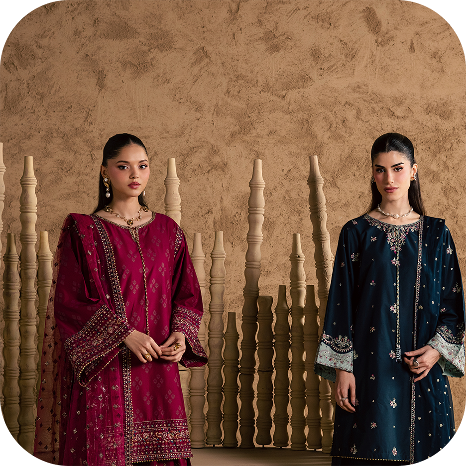 Miorah Giza Eid ensemble with heavily embroidered long shirt and sharara  Panelled Giza Eid outfit featuring composed embroidery and lace detailing  Farshi shalwar styled with embroidered Giza Eid shirt  Crinkle dupatta layered over Giza Eid ensemble 