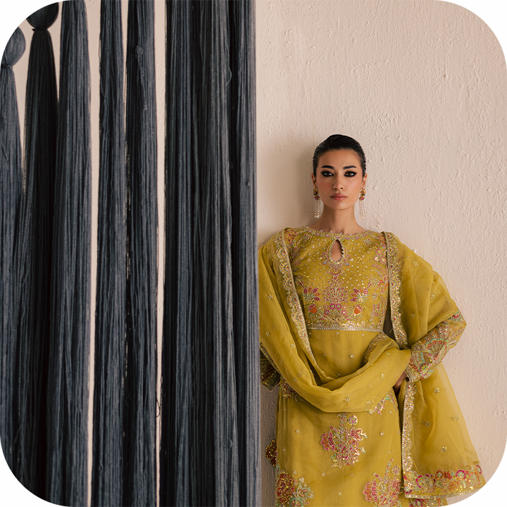 Woman wearing BATIK’s ready-to-wear formal dress — perfect for weddings, soirées, and upscale Pakistani gatherings.