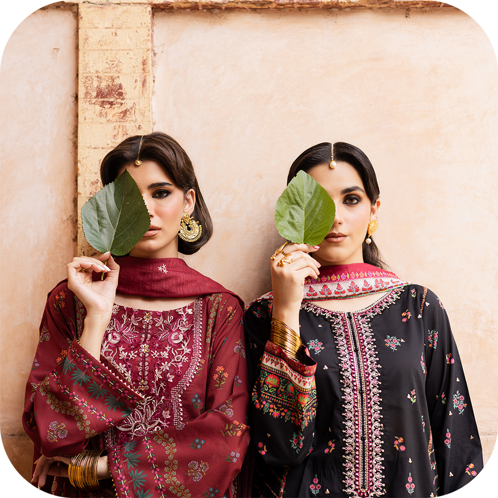 Model wearing a printed Charbagh outfit from Batik’s Eid2025 launch with summer-inspired colors.