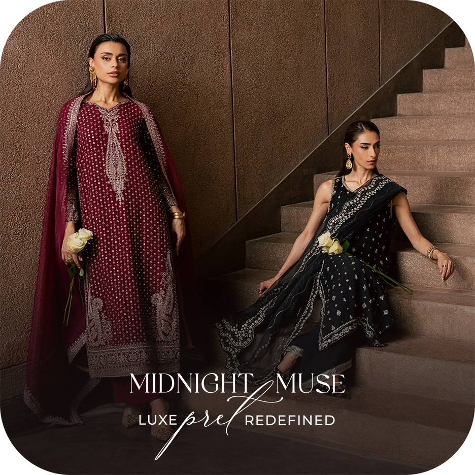 Midnight Muse by BATIK featuring luxury Pret ensembles with rich colours, intricate embroidery, sequins, organza dupattas and refined silhouettes for wedding festivities and elegant evening celebrations.