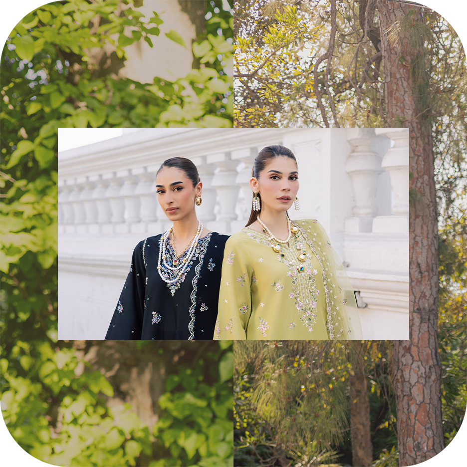 Woman in Batik Freesia luxury lawn standing in sunlit garden with soft floral embroidery Batik Freesia luxury lawn outfit styled for outdoor tea setting with natural light Model in embroidered luxury lawn walking through open green fields from Freesia col