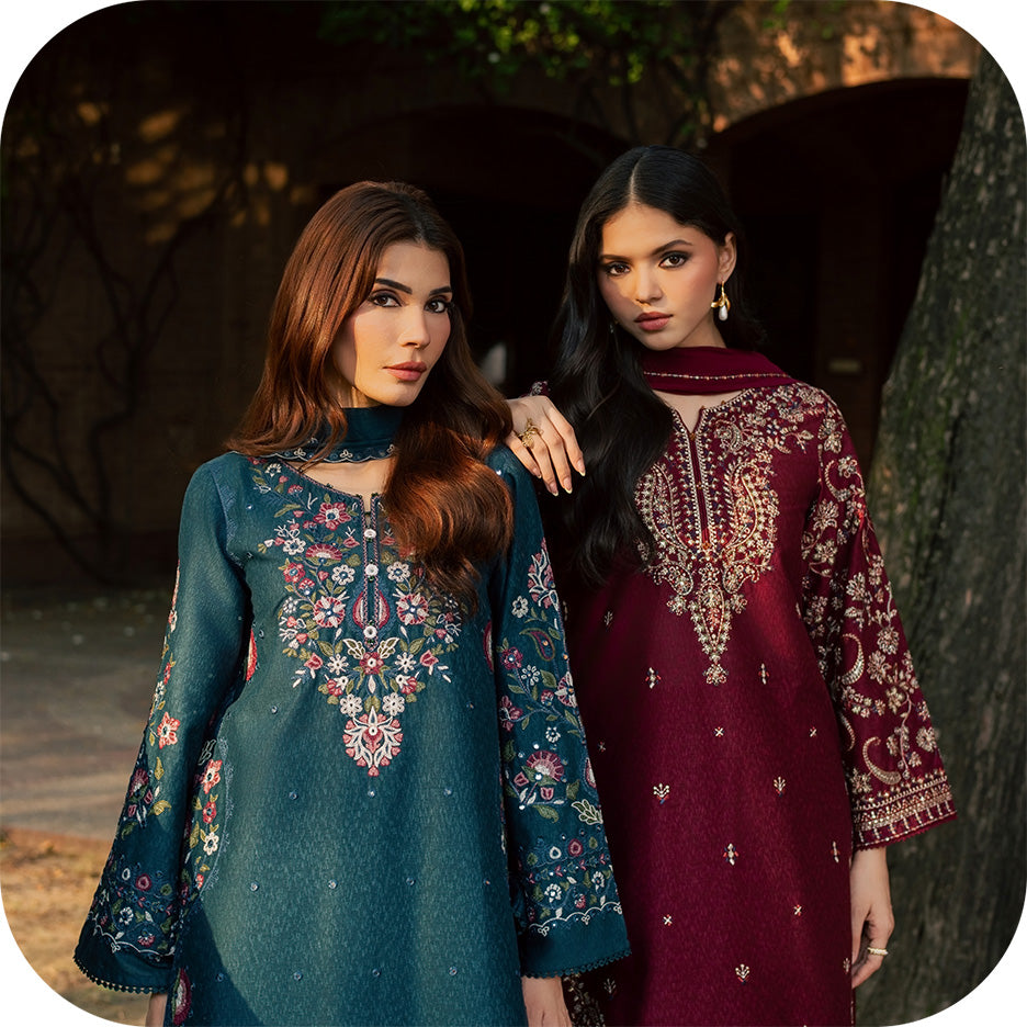Woman wearing an embroidered karandi suit on a cool fall day