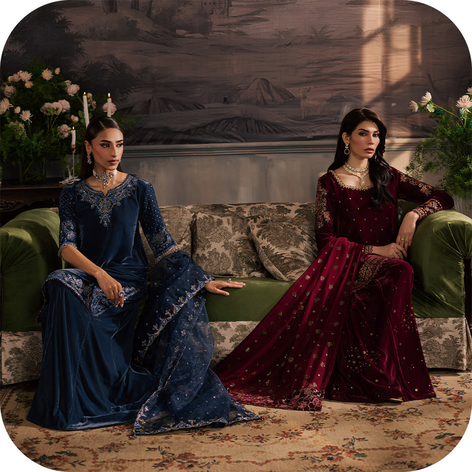 BATIK velvet festive outfit shot in soft winter light, featuring ethnic South Asian detailing and a luxury yet affordable pret design perfect for seasonal sale shoppers.  Elegant BATIK velvet pret set with desi embroidery, created for South Asian winter e