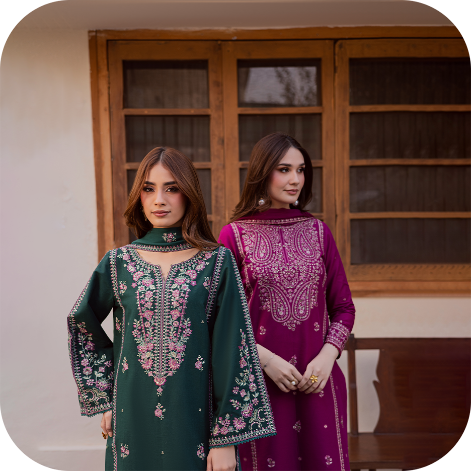  BATIK RAIA embroidered khaddar outfits styled for winter wear, showcasing breathable fabric and everyday comfort.  ALT: Models wearing BATIK RAIA khaddar pret collection designed for daily routines and winter layering.  ALT: Close view of embroidered