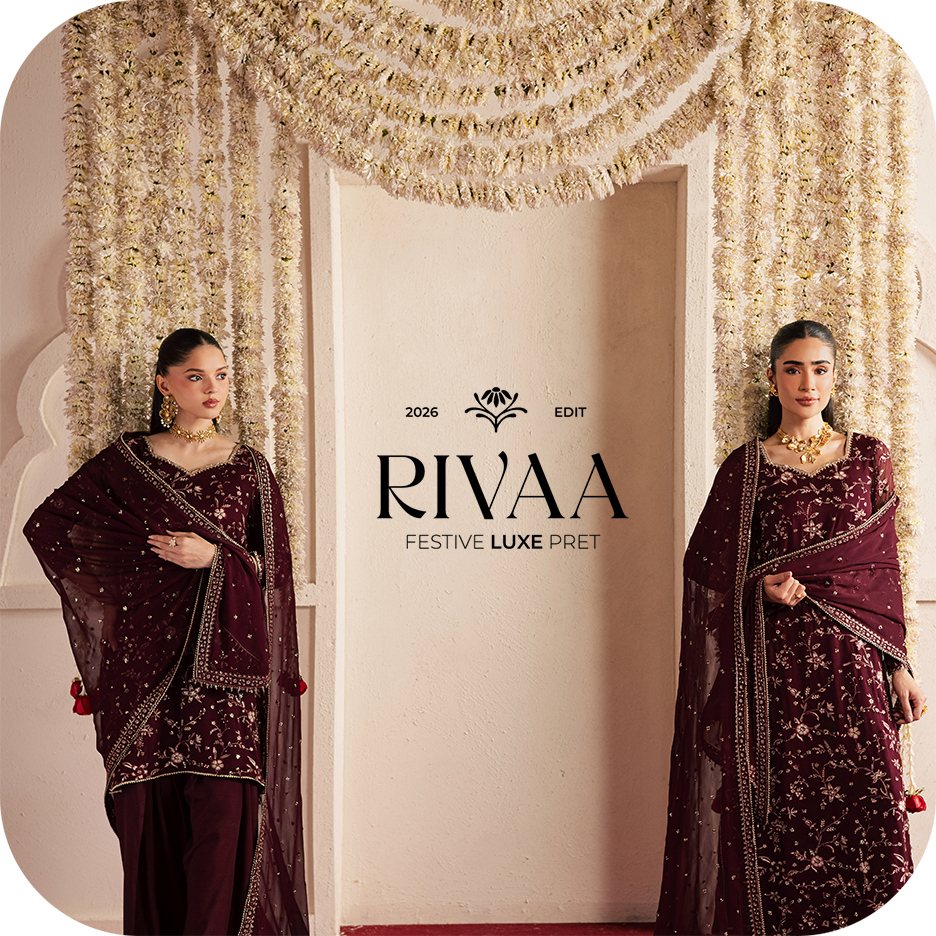 RIVAA heavy festive wear outfit with embroidered organza shirt and sharara  Close up of scalloped embroidered hem on RIVAA festive wear frock  Net dupatta with sequin spread styled for Eid festive wear  Heavily embroidered sleeve detail from RIVAA formal 