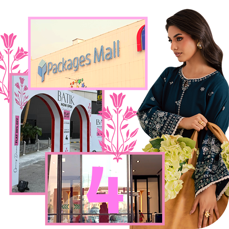 A view inside BATIK’s new store in Lahore at Packages Mall, showcasing Asian and South Asian festive outfits, Luxe Pret, Bridal wear and Eid-ready dresses for shoppers.  2. Interior of the BATIK new store Lahore, Ground Floor Packages Mall, featuring Sout