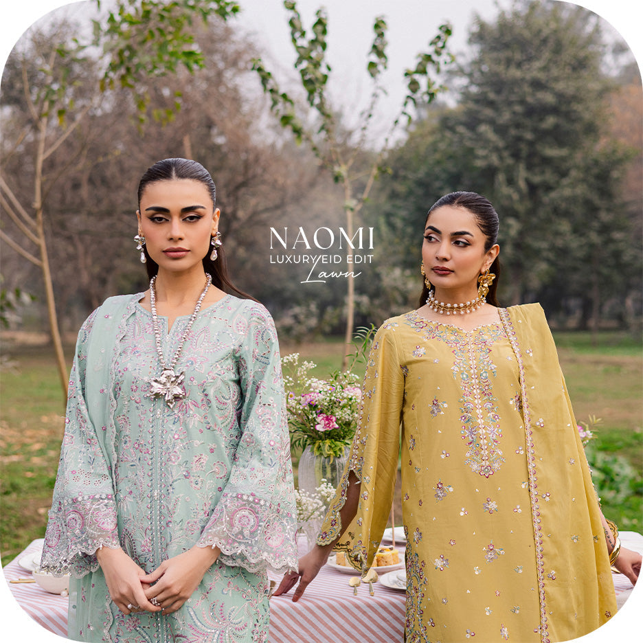 Naomi Luxury Lawn Eid outfit in pima lawn with heavy embroidery and scalloped sleeves  Front open embroidered pima lawn shirt from Naomi Luxury Lawn Eid Edit  Sharara style pima lawn Eid outfit with intricate sleeve detailing  Organza bordered dupatta pai