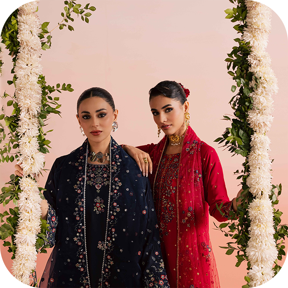 GULMOHAR II georgette Eid outfit with embroidered shirt and organza dupatta  Crinkle Eid outfit from GULMOHAR II with composed embroidery and lace finishing  Organza dupatta detail from GULMOHAR II Eid outfit with embroidered borders  Raw silk culottes pa