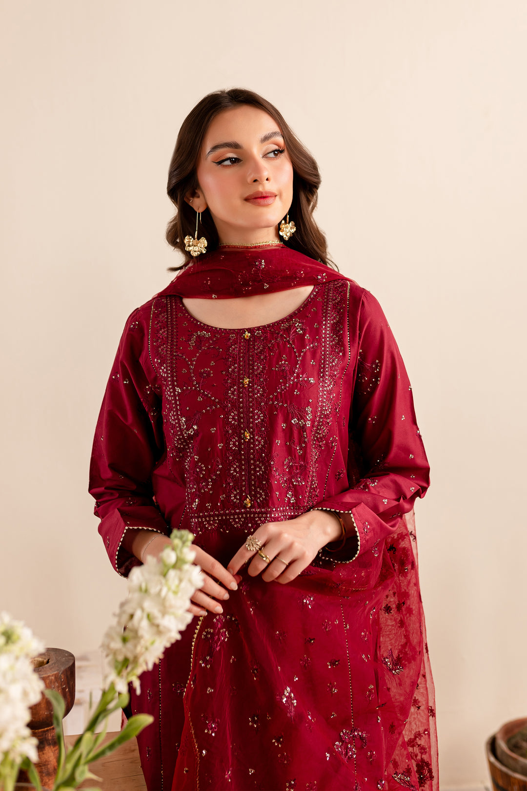 Maroon Sitara 3Pc - Embroidered Lawn Dress - BATIK