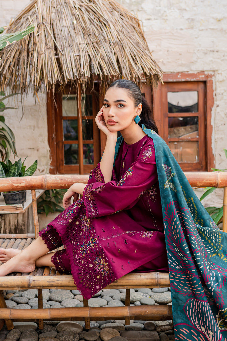 Bordeaux 3Pc - Embroidered Khaddar Dress - BATIK
