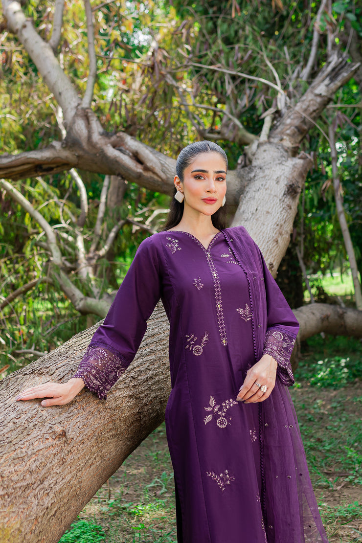 Purple Pansy 3Pc -  Embroidered Cambric Dress - BATIK