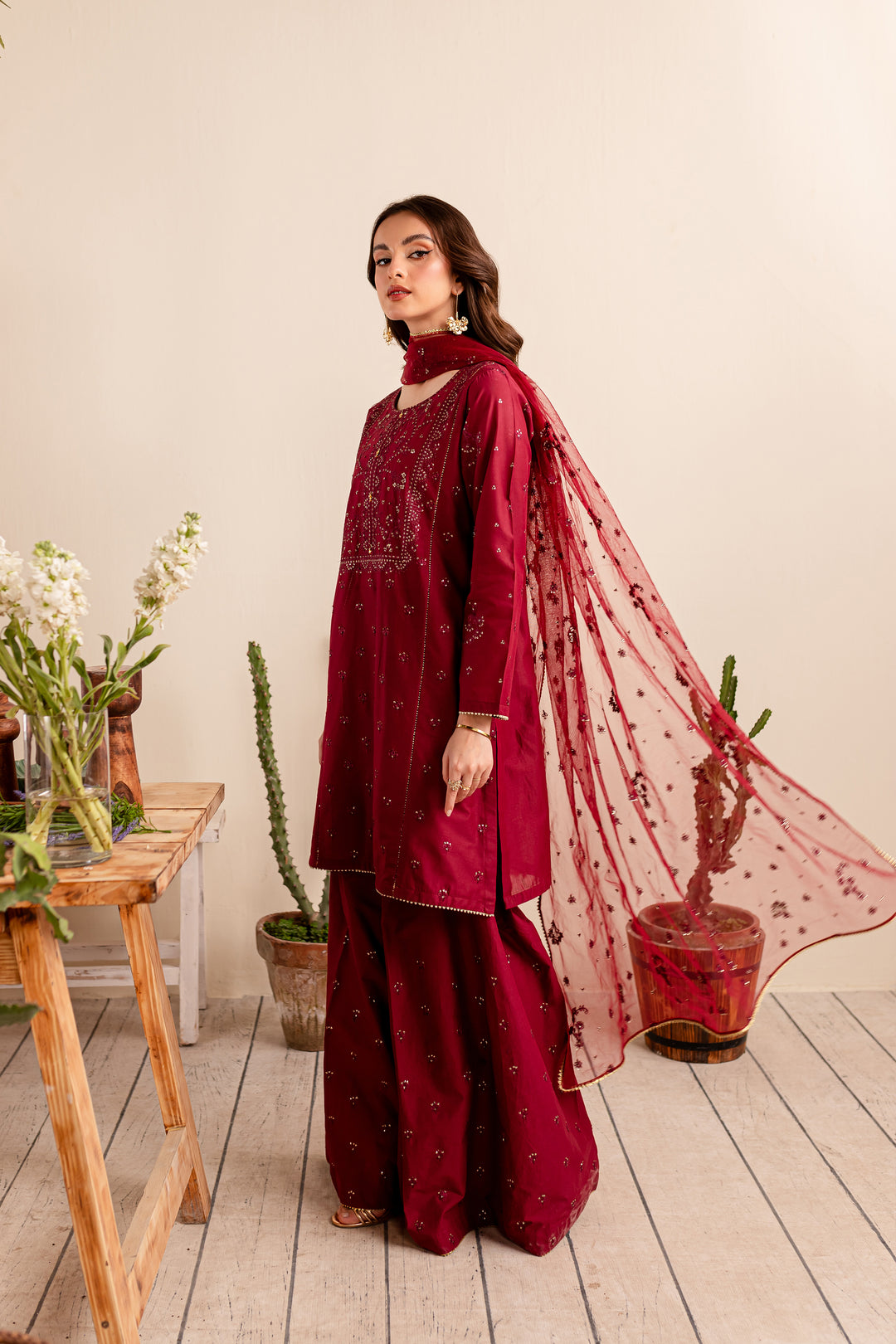 Maroon Sitara 3Pc - Embroidered Lawn Dress - BATIK