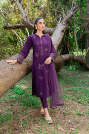 Purple Pansy 3Pc -  Embroidered Cambric Dress - BATIK