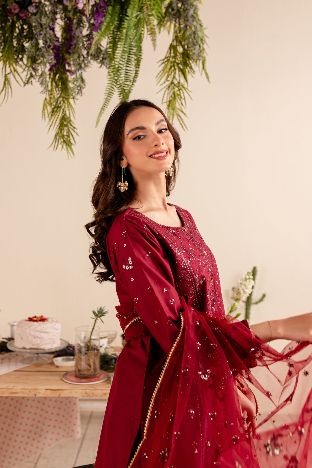 Maroon Sitara 3Pc - Embroidered Lawn Dress - BATIK