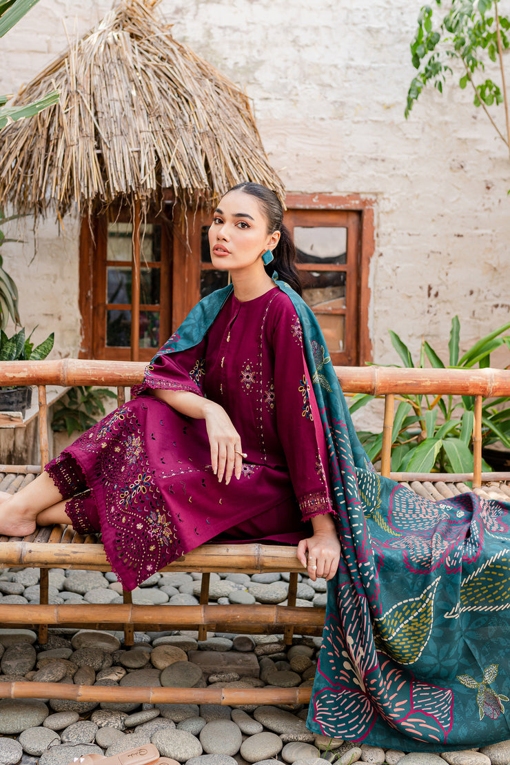 Bordeaux 3Pc - Embroidered Khaddar Dress - BATIK