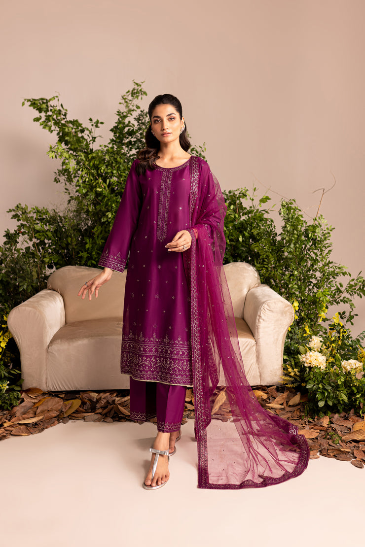 Deep Purple 3Pc - Embroidered Lawn Dress - BATIK