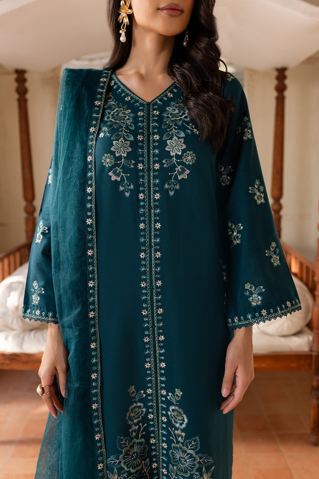 Teal Crush 3Pc - Embroidered Khaddar Dress - BATIK