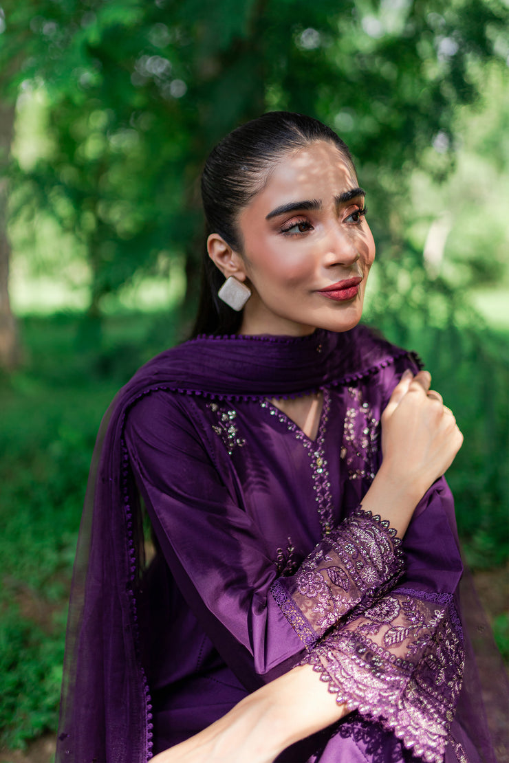 Purple Pansy 3Pc -  Embroidered Cambric Dress - BATIK