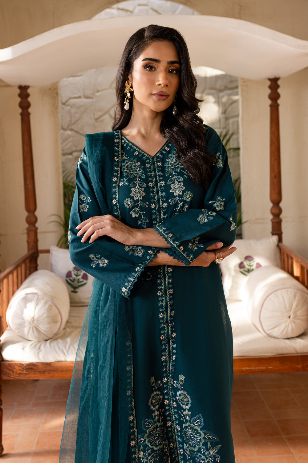 Teal Crush 3Pc - Embroidered Khaddar Dress - BATIK