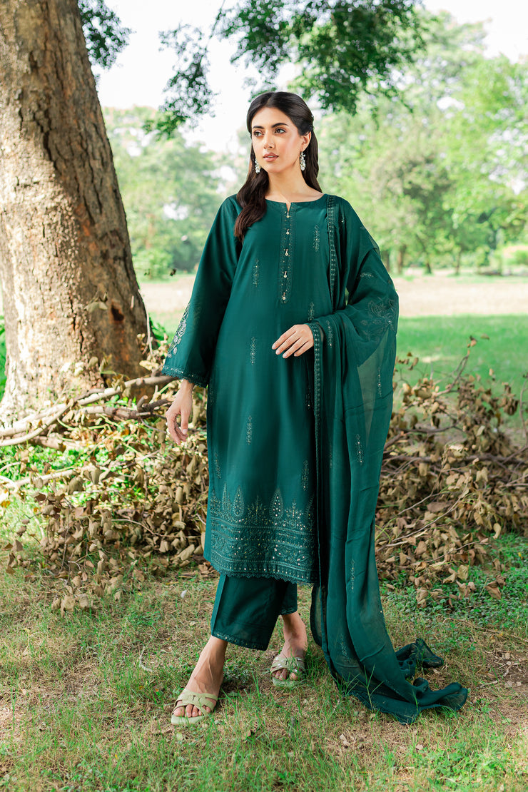 Green Mink 3Pc - Embroidered Cambric Dress - BATIK