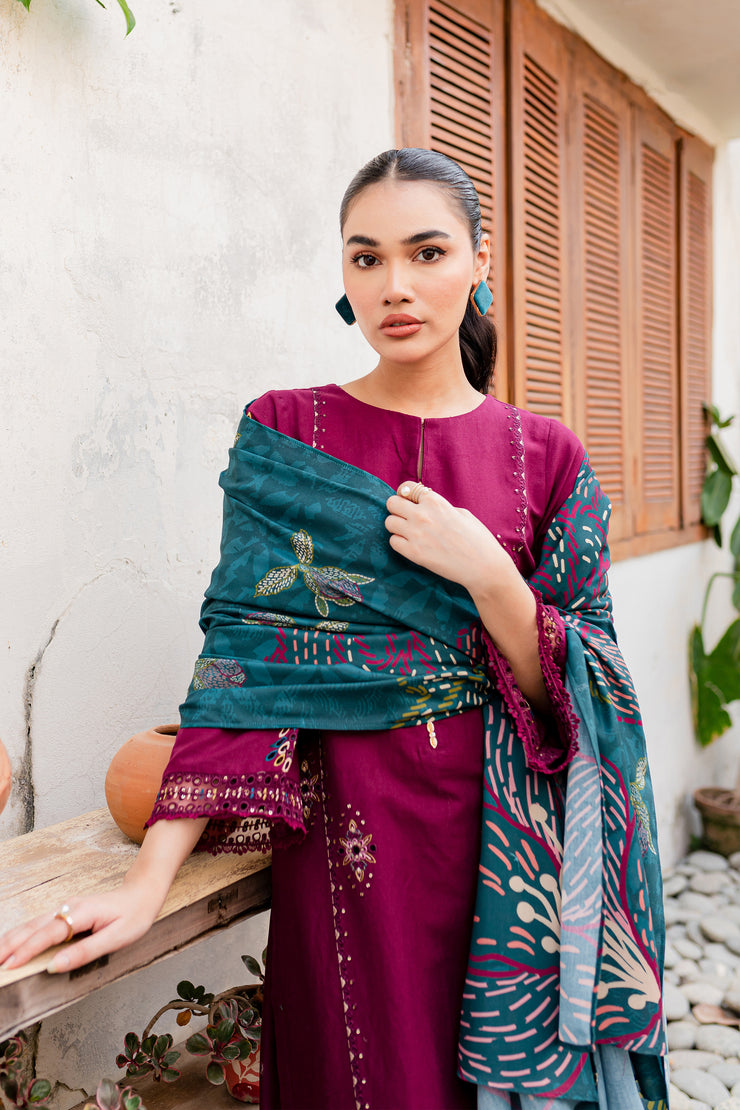 Bordeaux 3Pc - Embroidered Khaddar Dress - BATIK