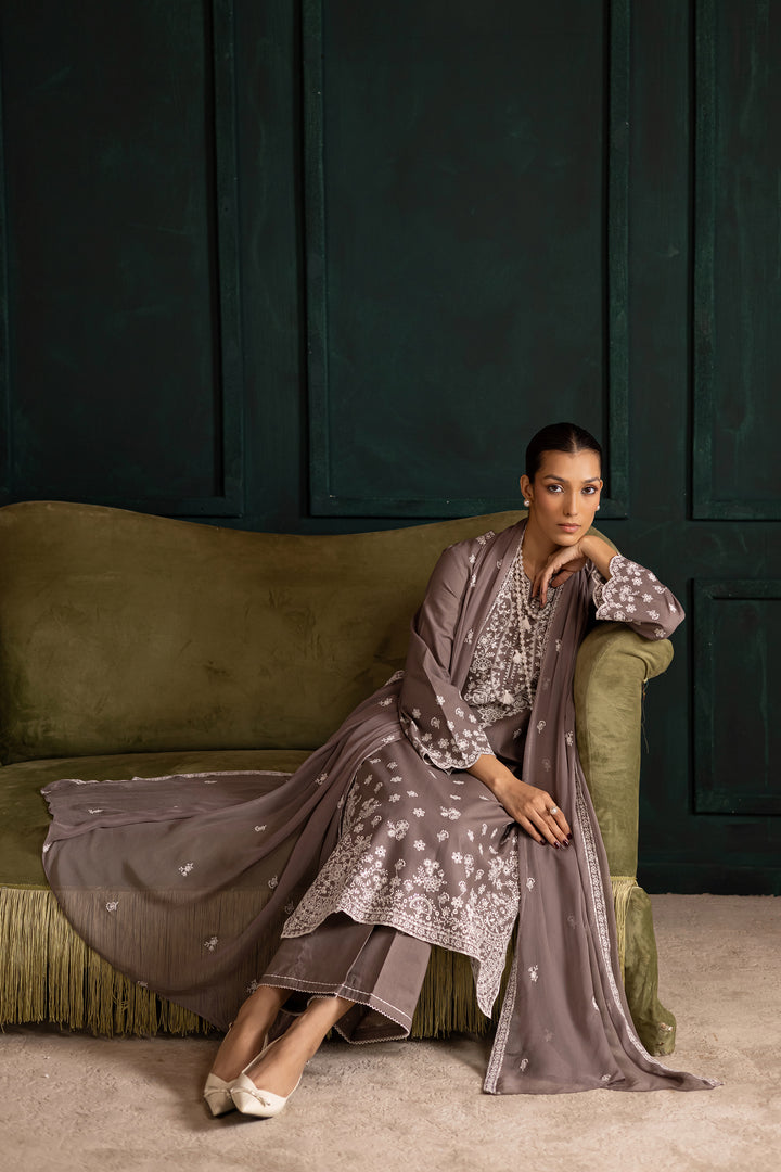 Grey 3Pc - Embroidered Khaddar Dress