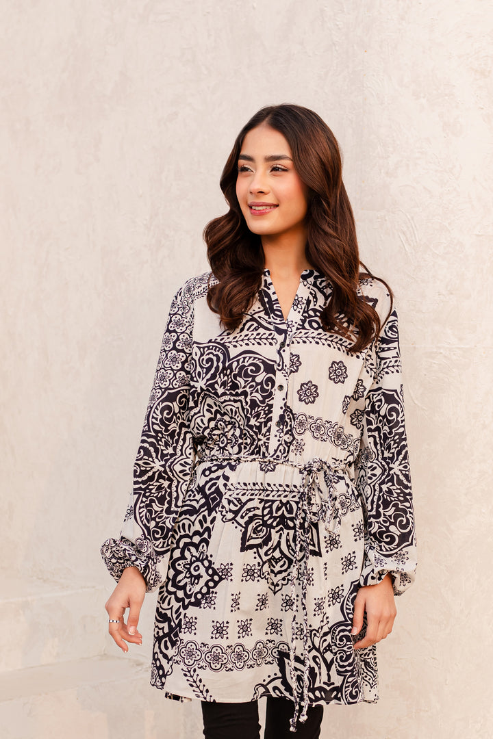 White Blue 1Pc - Printed Cambric Dress - BATIK