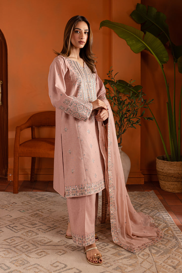 Pink Lotus 3Pc- Embroidered Karandi Dress - BATIK