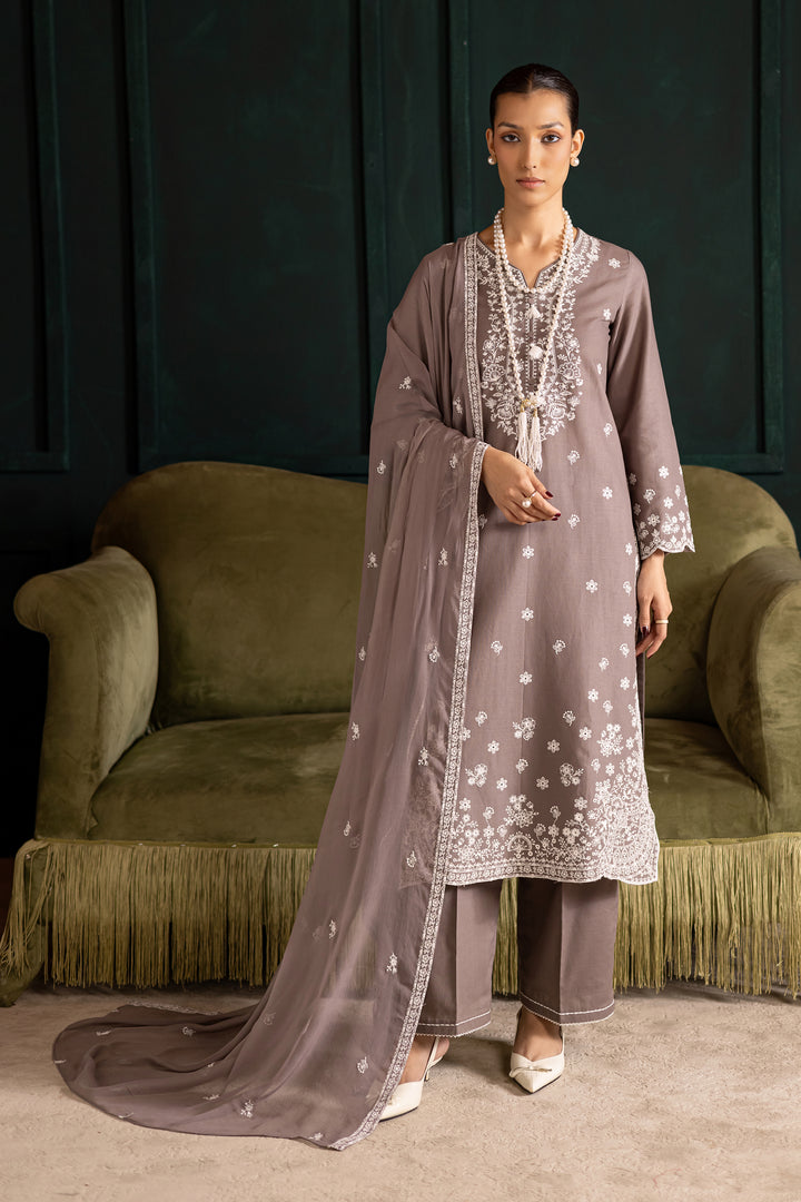 Grey 3Pc - Embroidered Khaddar Dress