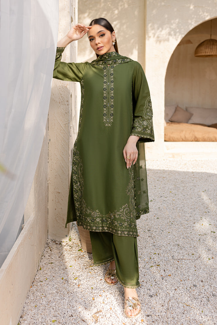 Leafy 3Pc - Embroidered Khaddar Dress