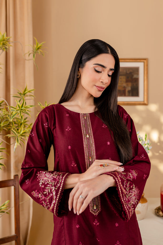 Rust 2Pc - Embroidered Karandi Dress