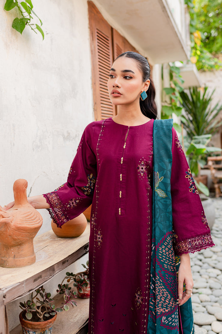Bordeaux 3Pc - Embroidered Khaddar Dress - BATIK