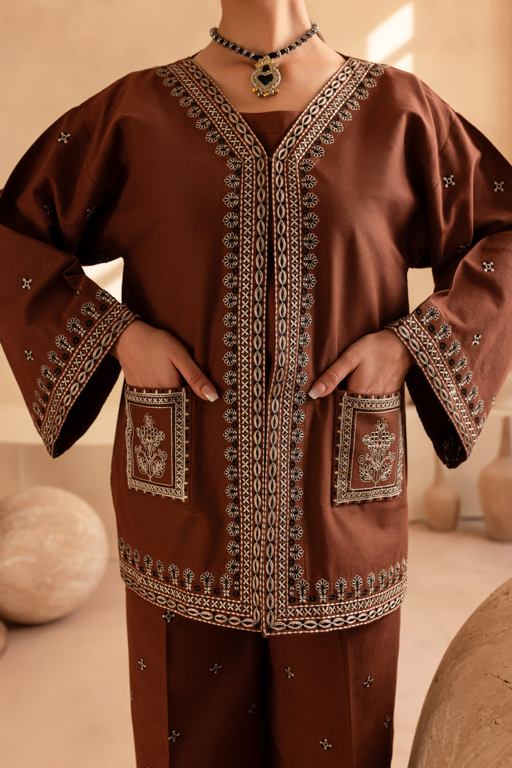 Cognac 3Pc - Embroidered Khaddar Dress