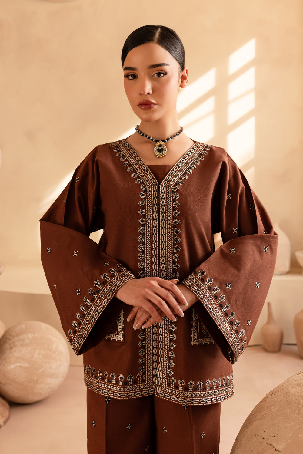 Cognac 3Pc - Embroidered Khaddar Dress - BATIK