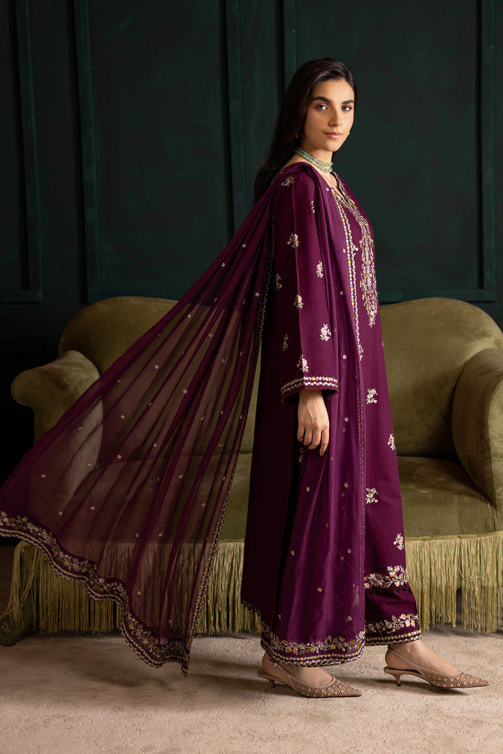 Prune 3Pc - Embroidered Khaddar Dress