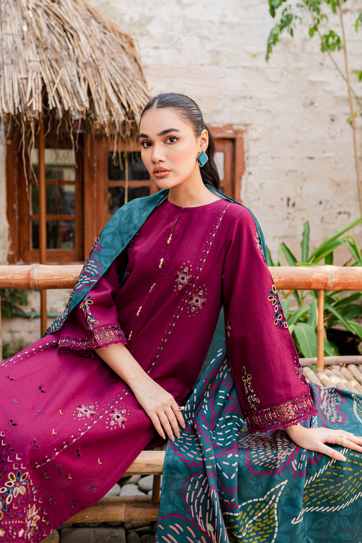 Bordeaux 3Pc - Embroidered Khaddar Dress - BATIK