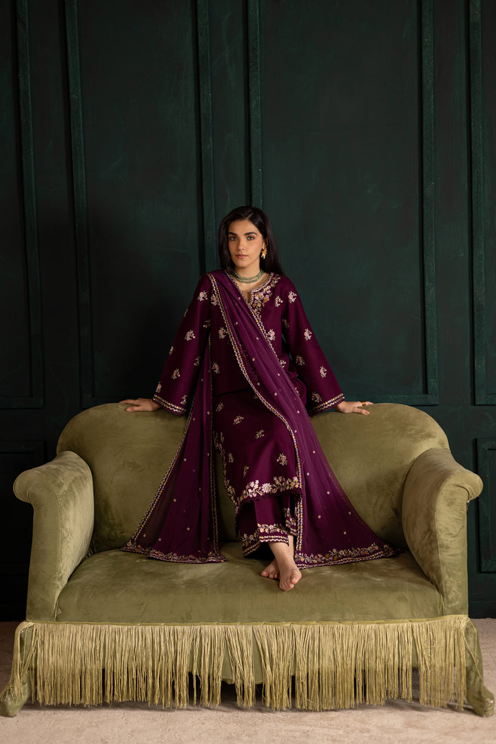 Prune 3Pc - Embroidered Khaddar Dress
