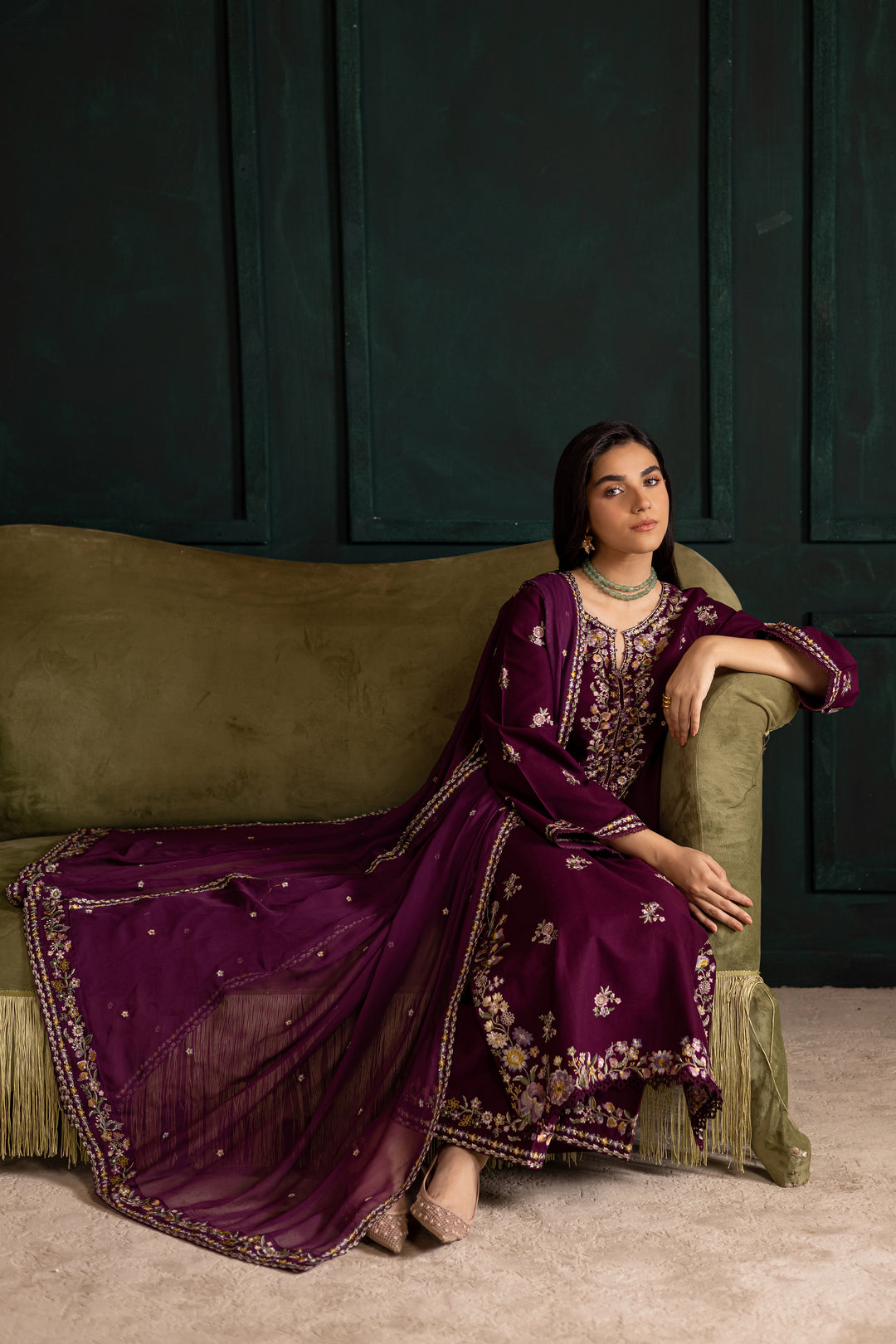 Prune 3Pc - Embroidered Khaddar Dress
