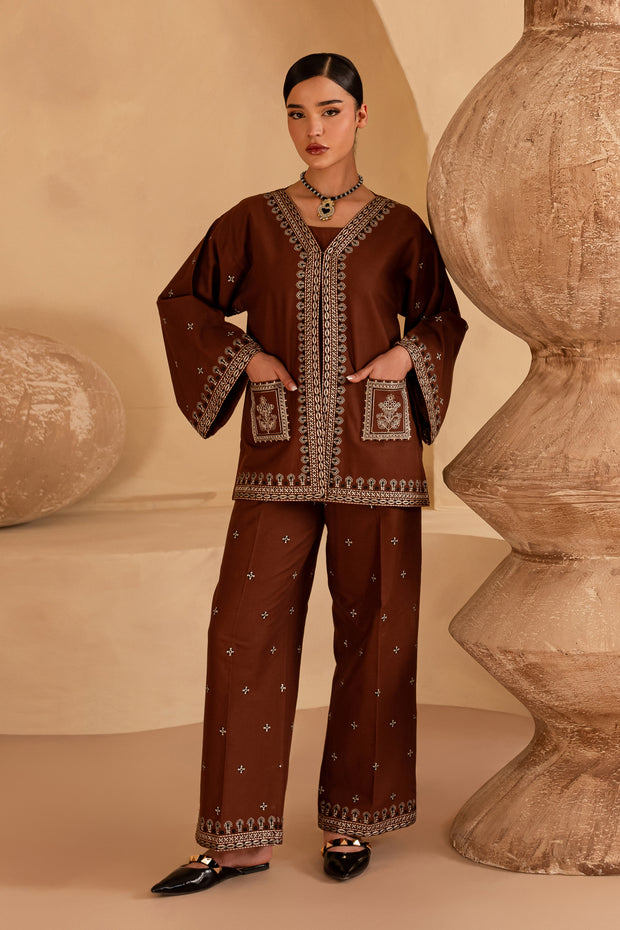 Cognac 3Pc - Embroidered Khaddar Dress